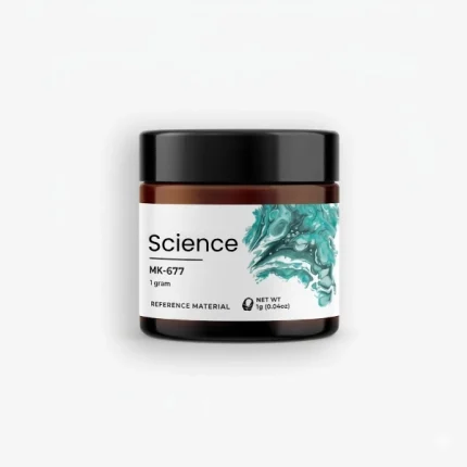 MK-677 (Ibutamoren Mesylate) Powder 1g in analytical-grade amber glass bottle for US and European laboratory research on growth hormone secretagogue and ghrelin receptor agonist pathways