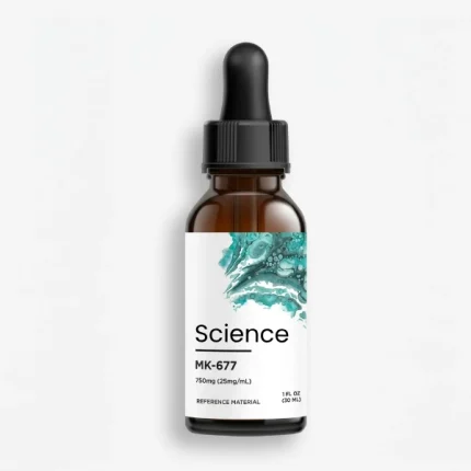 MK-677 (Ibutamoren Mesylate) Solution 750mg (25mg/mL) in analytical-grade amber glass bottle for US and European laboratory research on growth hormone secretagogue and ghrelin receptor agonist pathways