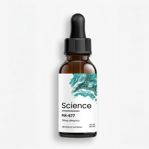 MK-677-Ibutamoren-Mesylate-Solution-750mg-25mg_mL MK-677 (Ibutamoren Mesylate) Solution 750mg (25mg/mL) in analytical-grade amber glass bottle for US and European laboratory research on growth hormone secretagogue and ghrelin receptor agonist pathways