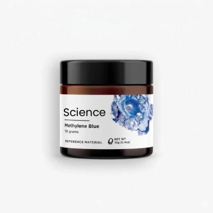 Methylene Blue 10g blue crystalline analytical powder in sealed glass jar for US and European laboratory biological staining, mitochondrial research, and redox indicator applications