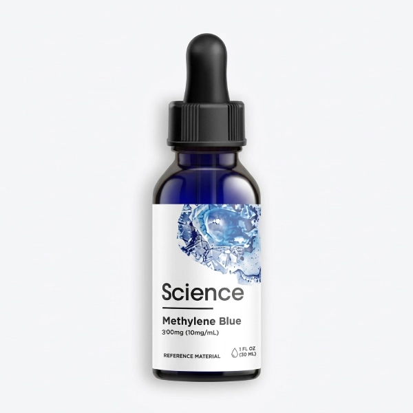 Methylene-Blue-Solution-300mg-10mg_mL Methylene Blue 300mg (10mg/mL) bioactive solution in UV-resistant glass bottle with graduated pipette for US and European laboratory mitochondrial research, redox studies, and neuroprotective applications
