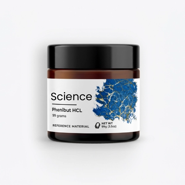 Phenibut-HCl-Powder Phenibut HCl Powder 99 grams in analytical-grade PET jar for US and European laboratory research on GABA-B receptor agonist nootropic and anxiety/neuroprotection pathways